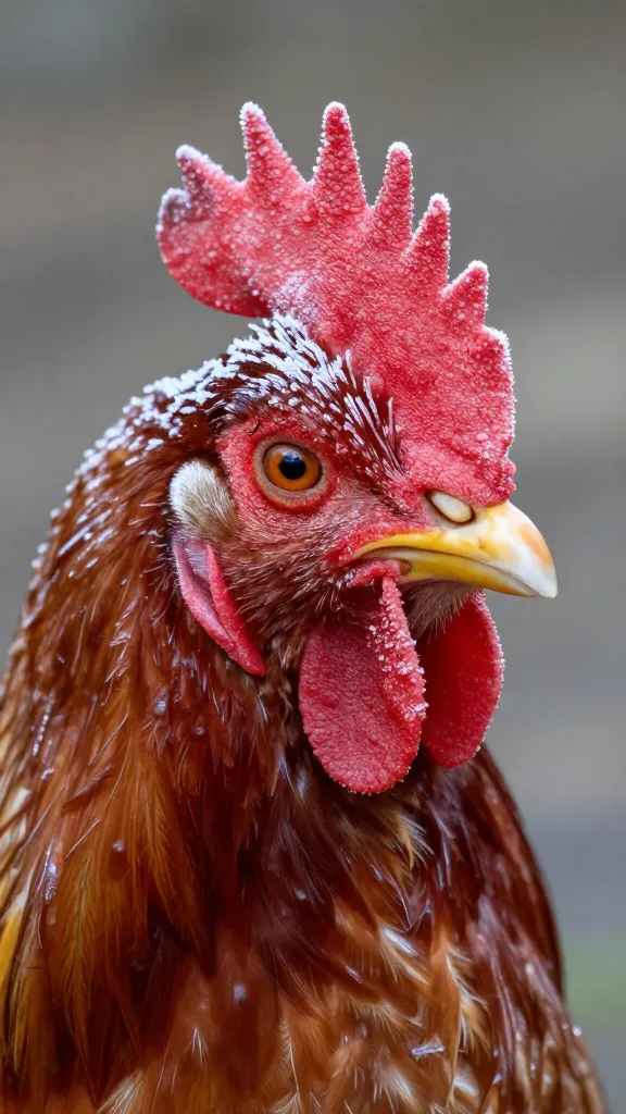 closeup of a chicken’s frost-kissed comb