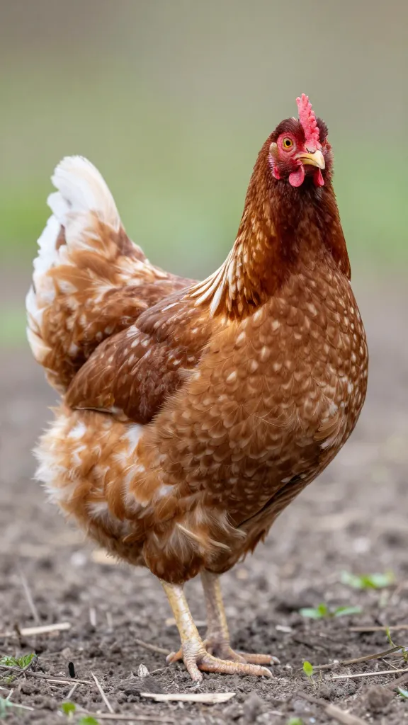 barred rock hen tucking wattles, tight portrait