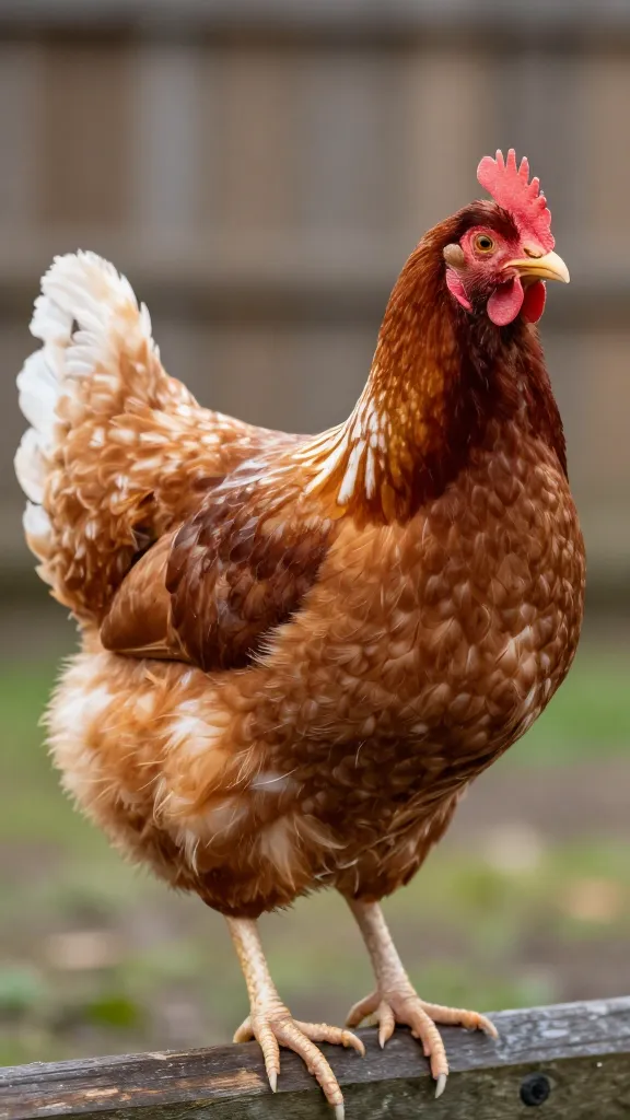 Rhode Island Red hen perched on roost bar, closeup