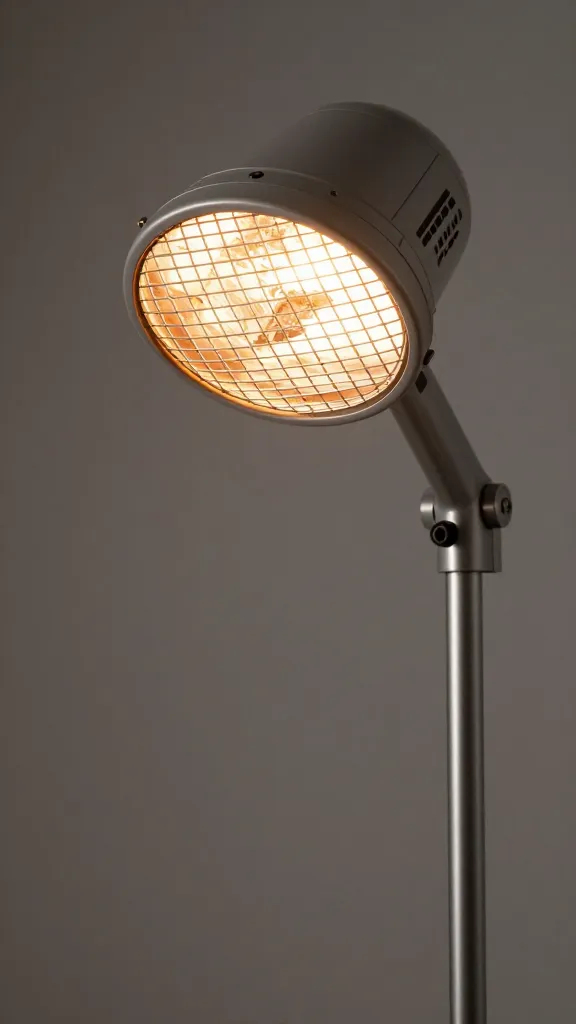 single infrared heat lamp over empty roost, closeup