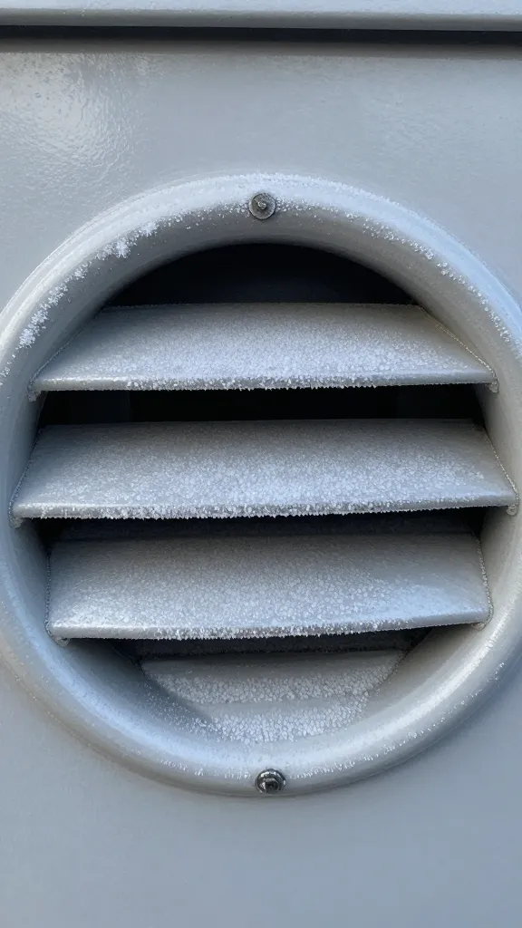 closeup of coop ventilation vent with frost rim