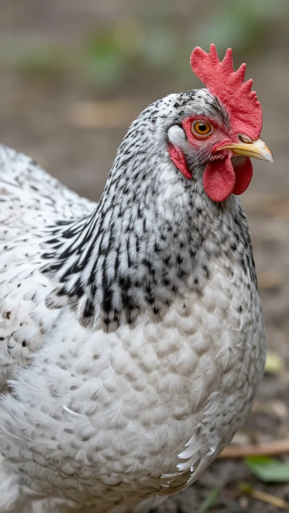 Barred Rock hen closeup, crisp black-and-white barring
