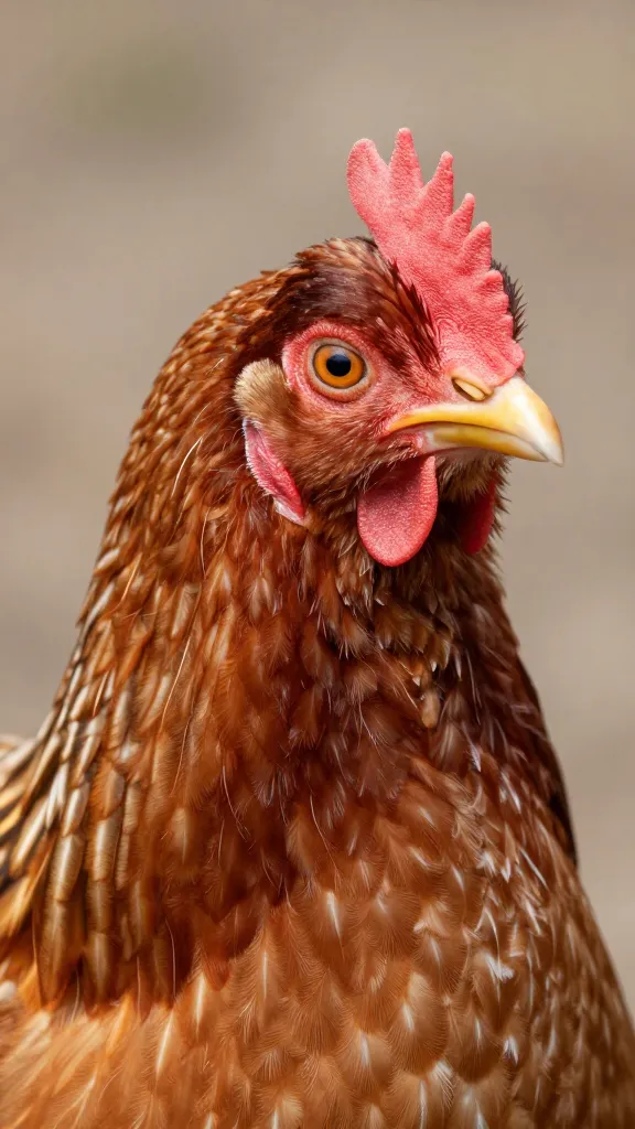Barred Rock hen headshot, orange eye in soft light