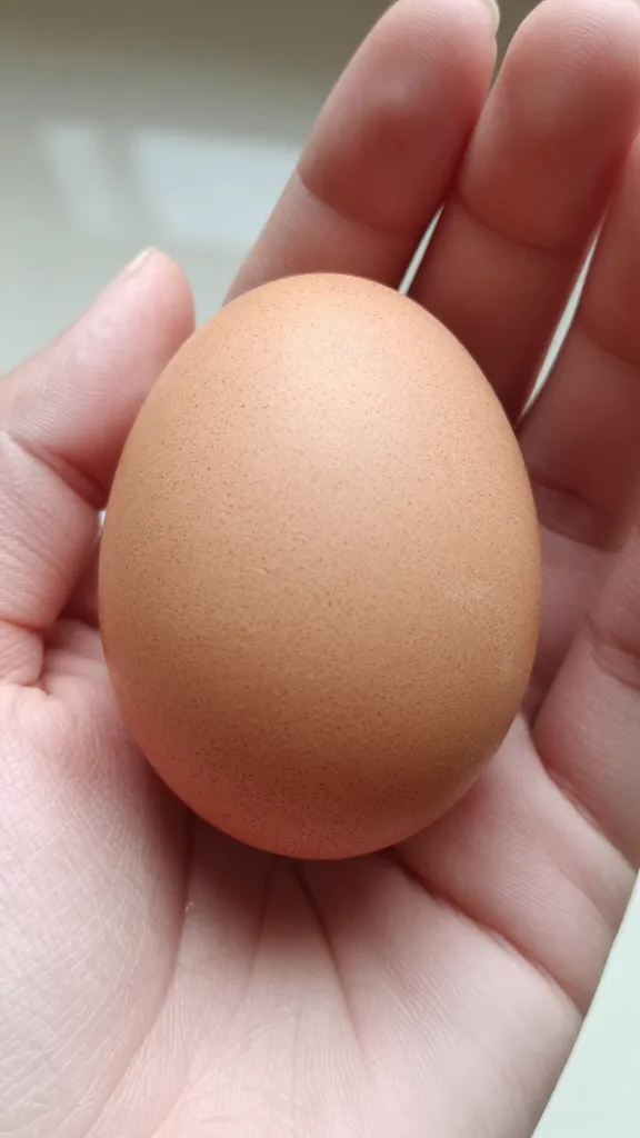 Plymouth Rock egg in hand, natural light closeup