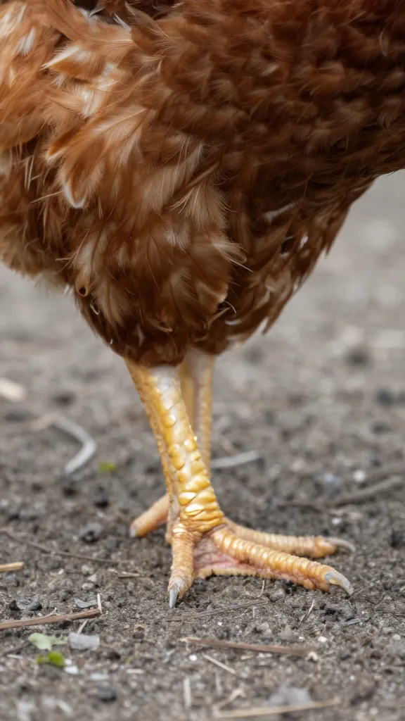 Barred Rock hen foot closeup, sturdy yellow shank