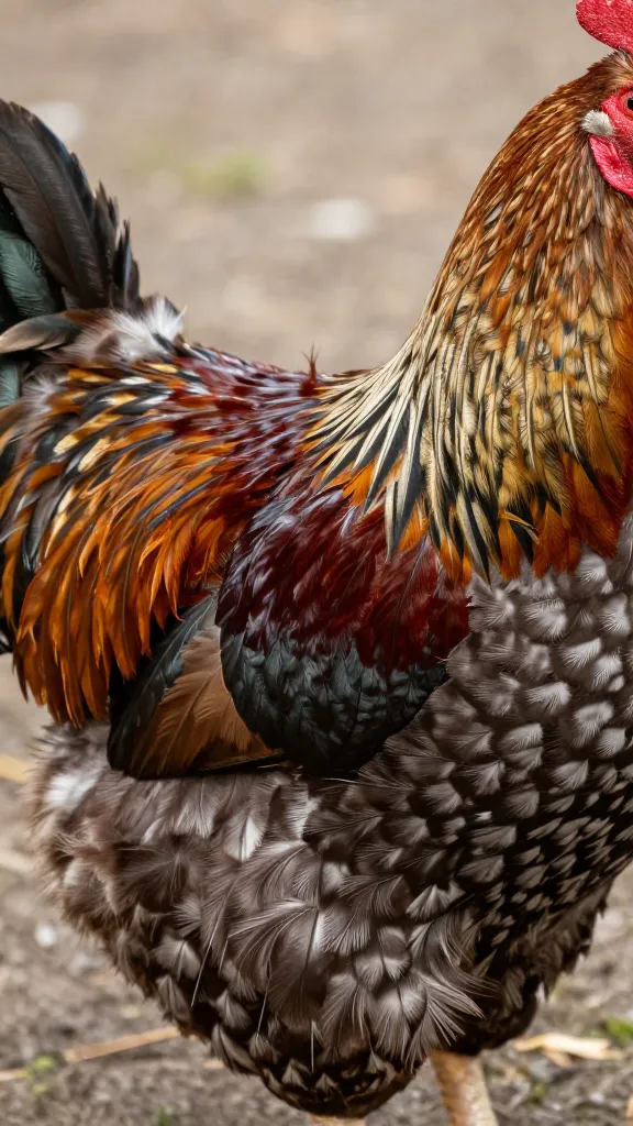 Barred Rock rooster saddle feathers, detailed texture
