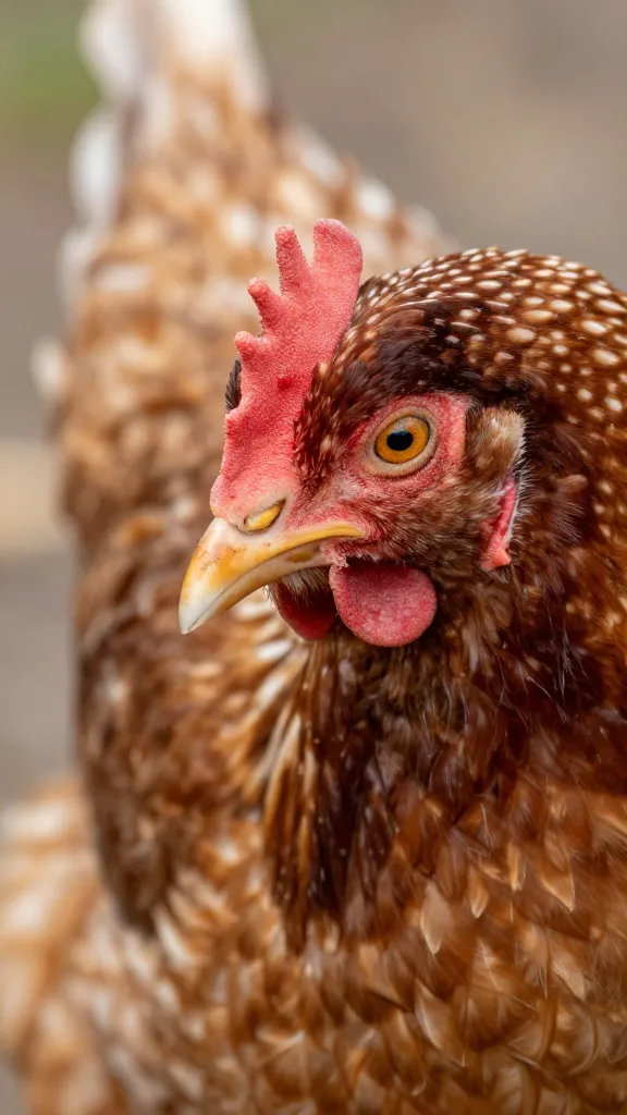Barred Rock hen foraging beak closeup, sharp focus