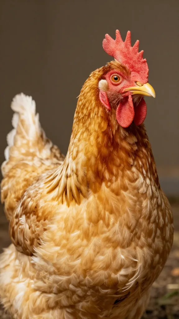 Buff Orpington hen portrait, golden plumage, soft studio light