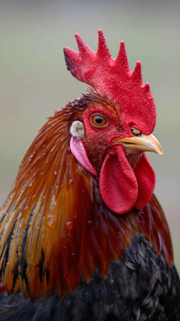 Closeup of Buff Orpington comb and wattles, morning dew