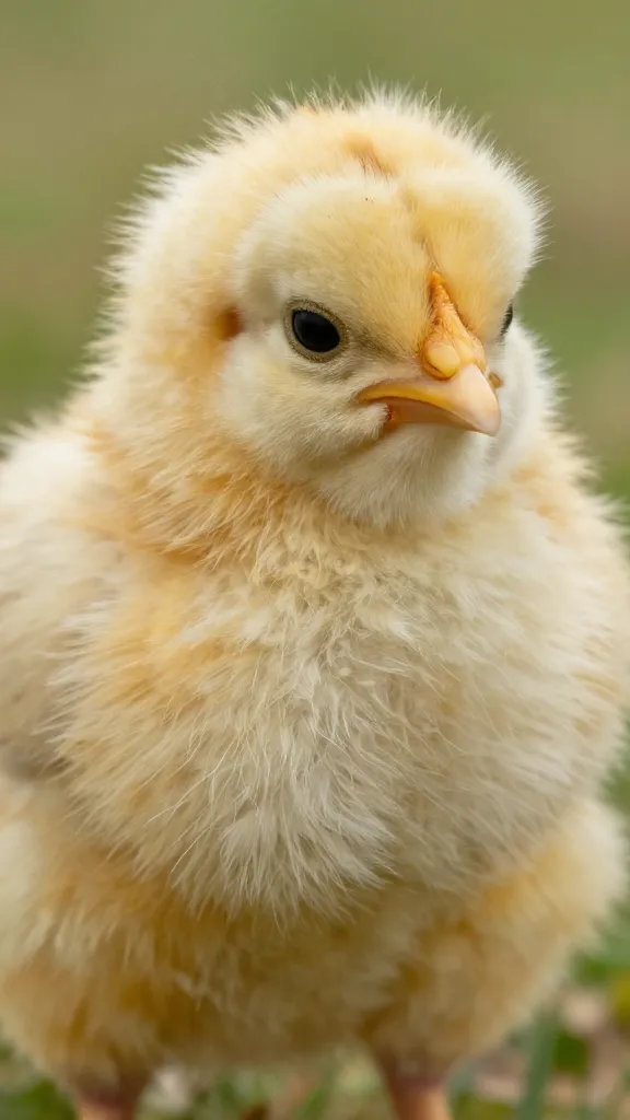 Buff Orpington chick closeup, downy gold, shallow depth