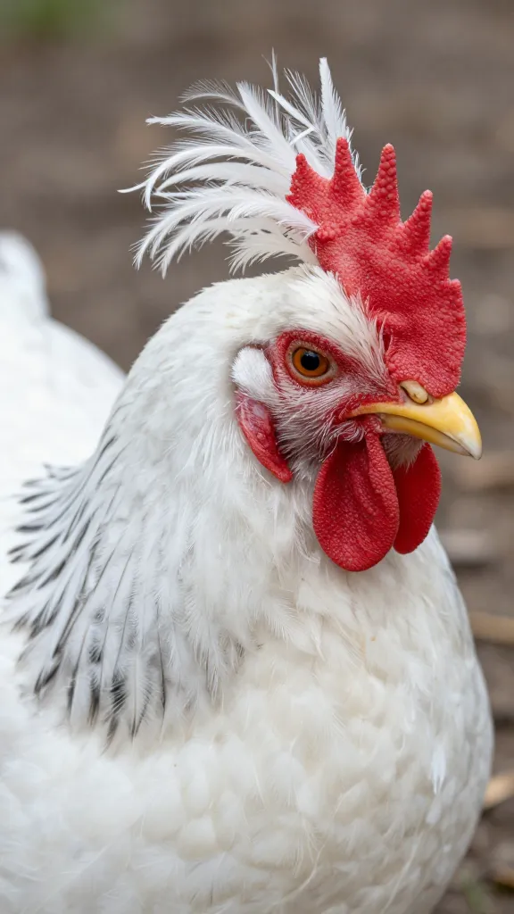 white Silkie chicken closeup, windblown crest feathers