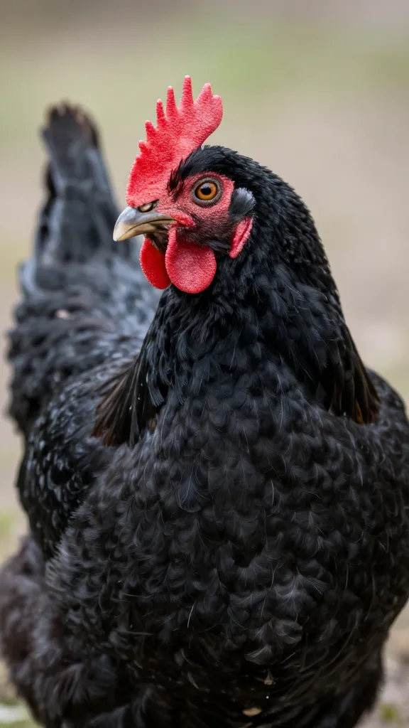 single black Silkie hen portrait, dark skin detail
