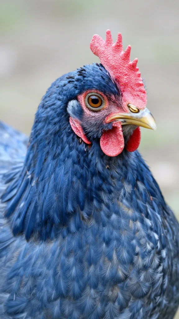 blue Silkie pullet headshot, bearded muff texture