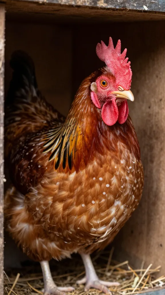 broody Silkie in nesting box, intense eye contact