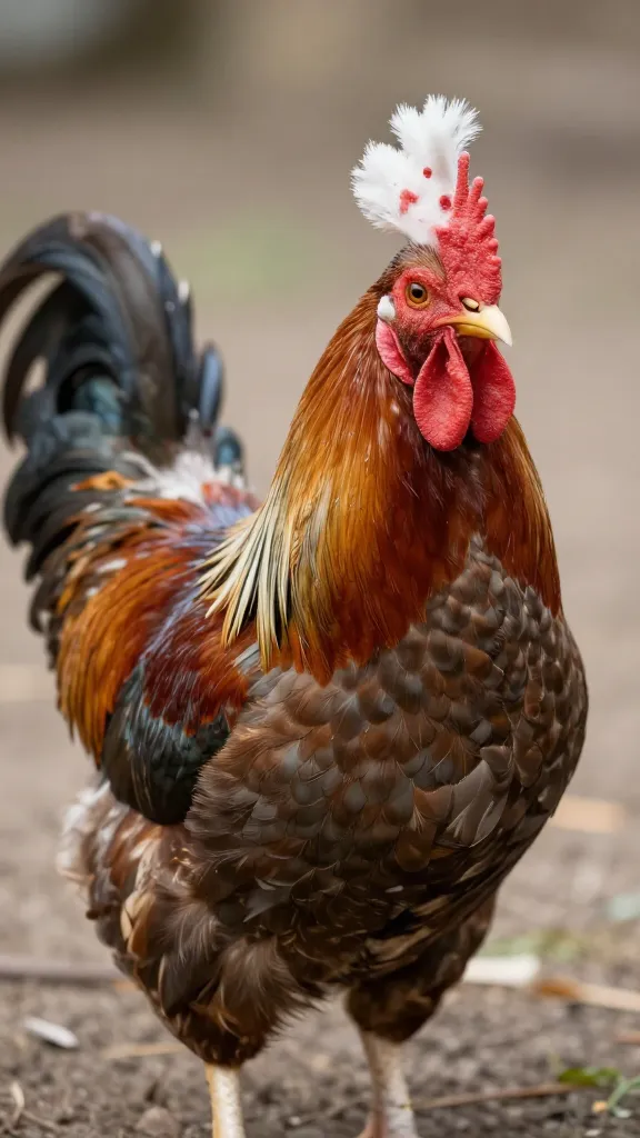 single partridge Silkie standing, poofy crest in focus