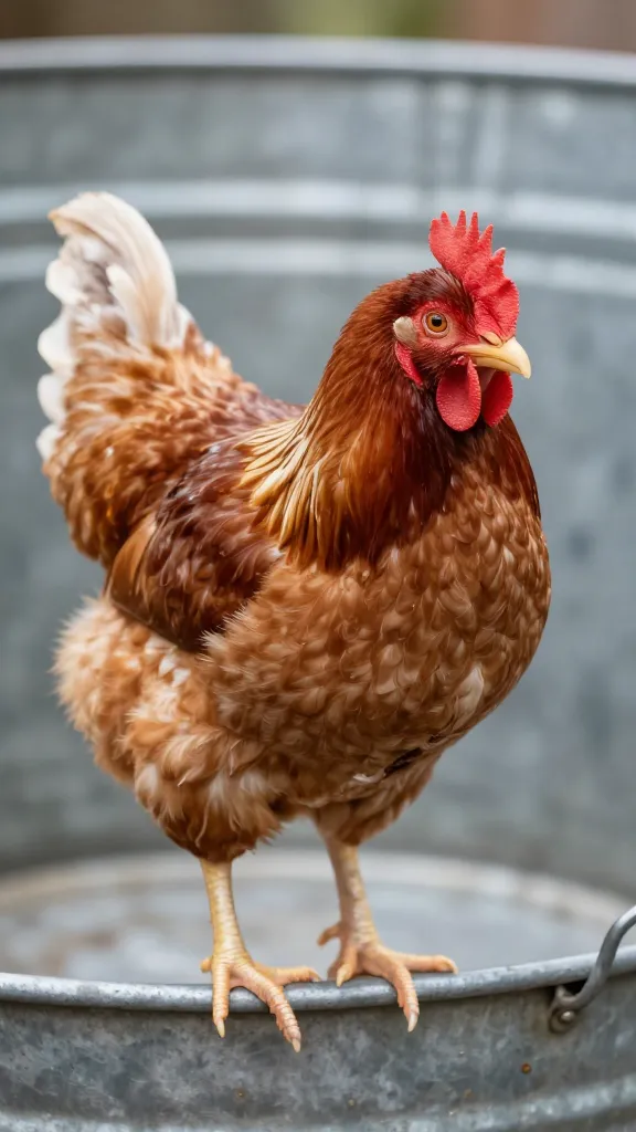single red pullet chick in galvanized stock tank