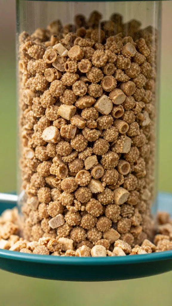 closeup of chicken feeder with crumble pellets