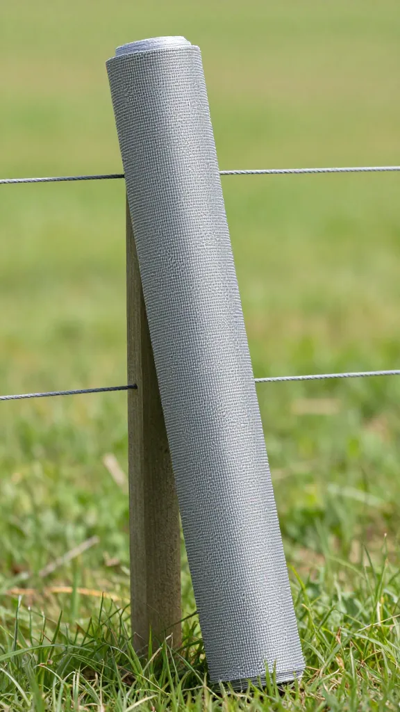 single hardware cloth roll leaning on fence post