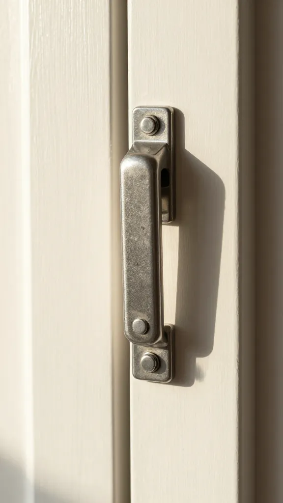 single coop door latch in bright morning light