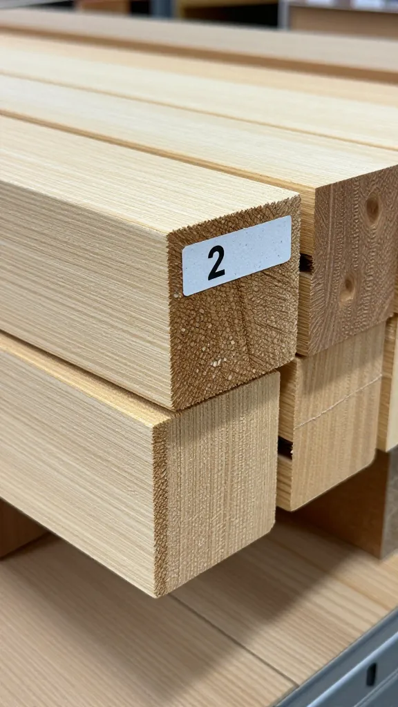 closeup of warped 2x4 with price sticker in lumber aisle