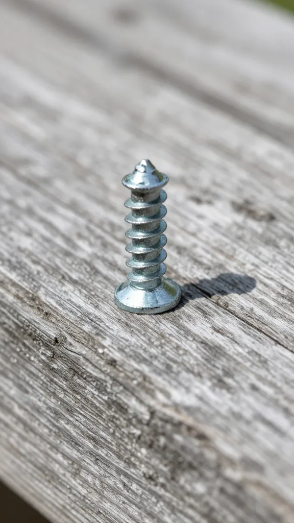 exterior construction screw on weathered wood plank, macro