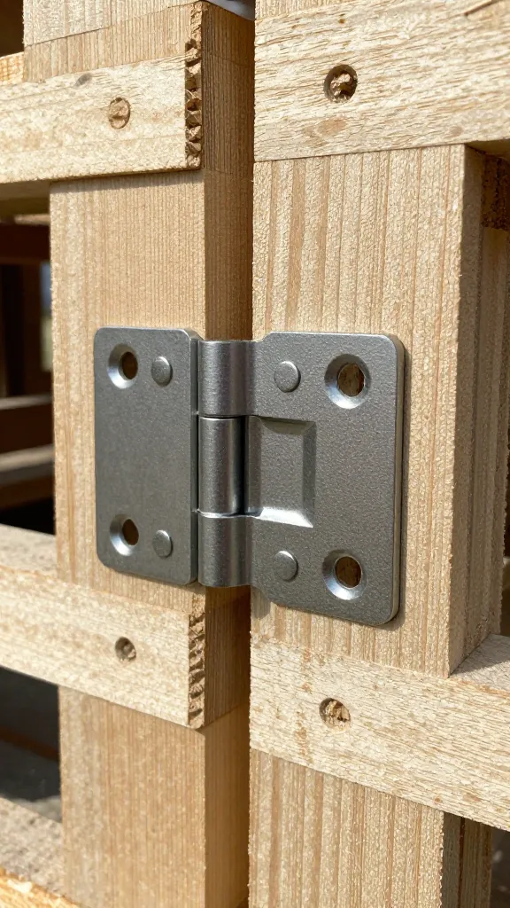 pallet coop door hinge closeup on painted scrap wood