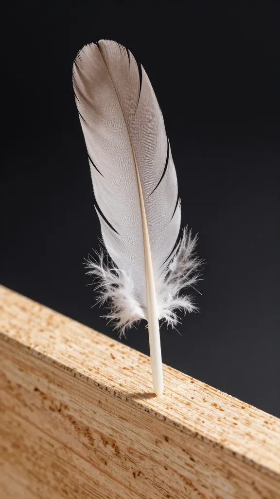 single pullet feather closeup on plywood edge
