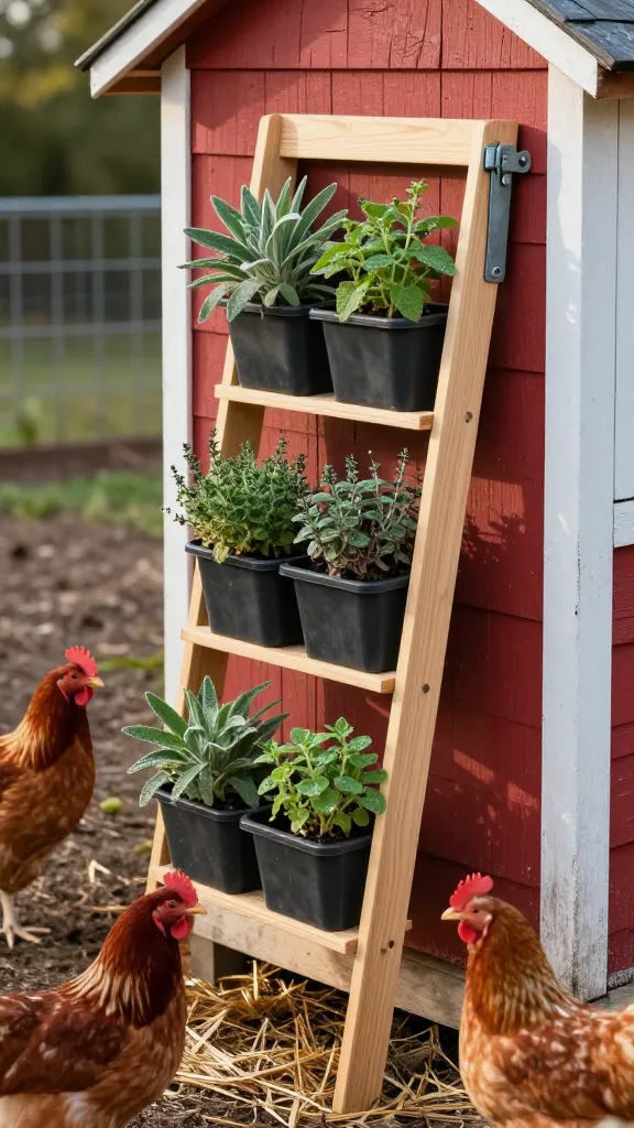 Herb Ladder Mounted Outside: Hinged and Safe from Beaks for a backyard chicken coop