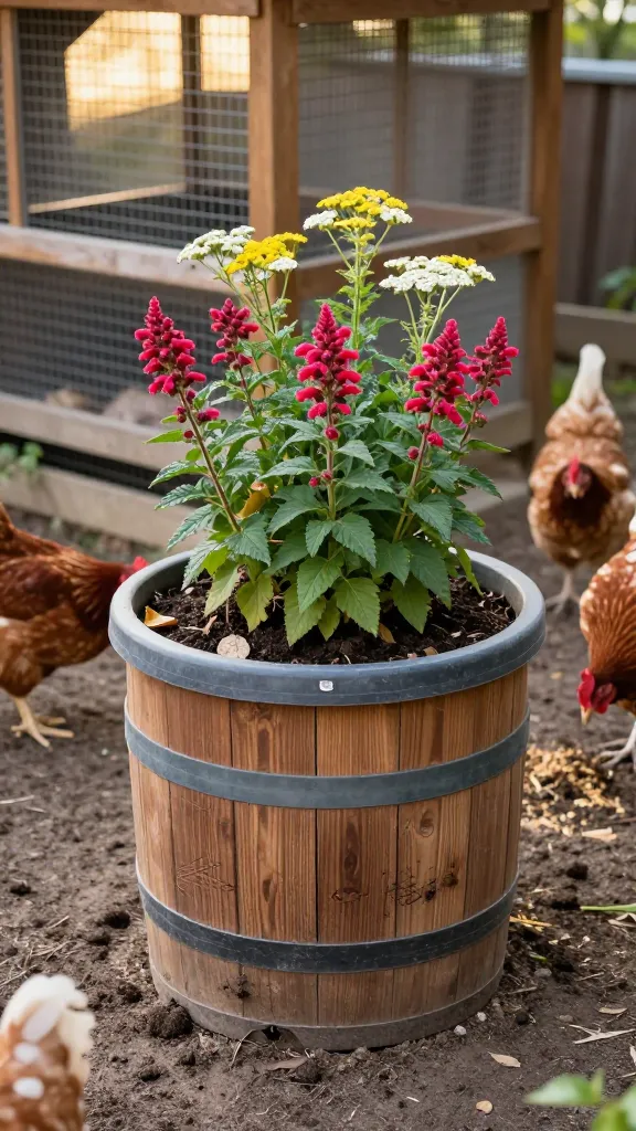 Raised Whiskey-Barrel Planter at the Corner: Height is Everything for a backyard chicken coop