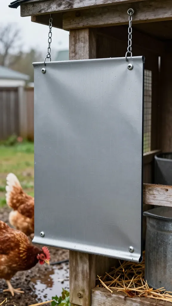 Hanging Aluminum Panel, Rattle-Can Stencil: Reads in Rain for a backyard chicken coop