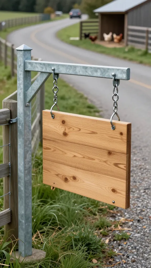 Farm-Gate Swing Sign on a Galvanized Coop Bracket: Reads From the Road