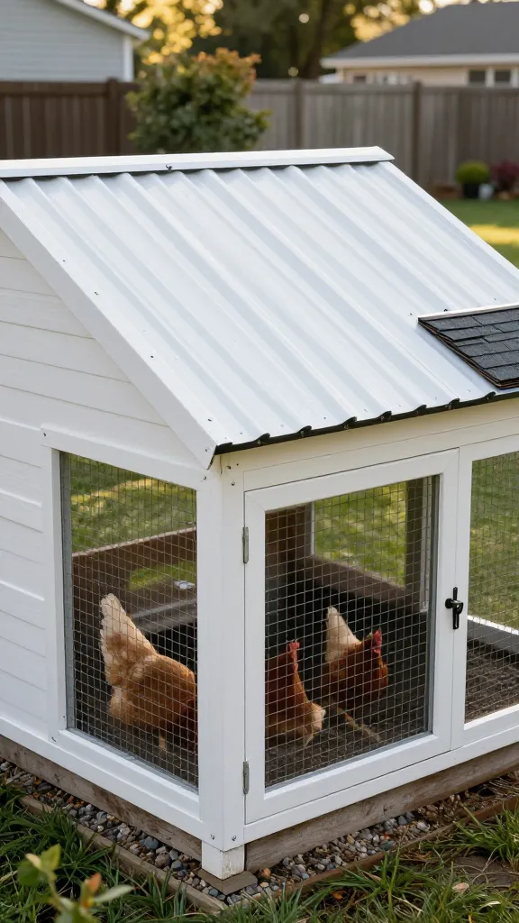 White Metal Roofing That Doubles as Sun Control for a backyard chicken coop
