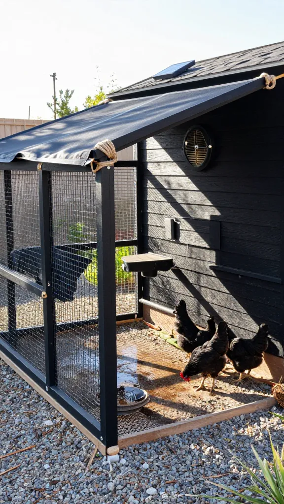 Shade That Saves Summer: Sail + Vents + A Fan You Can Unplug for a backyard chicken coop