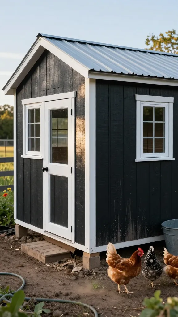 Deep Charcoal Siding, White Trim: Hides Mud and Sun Fade for a backyard chicken coop