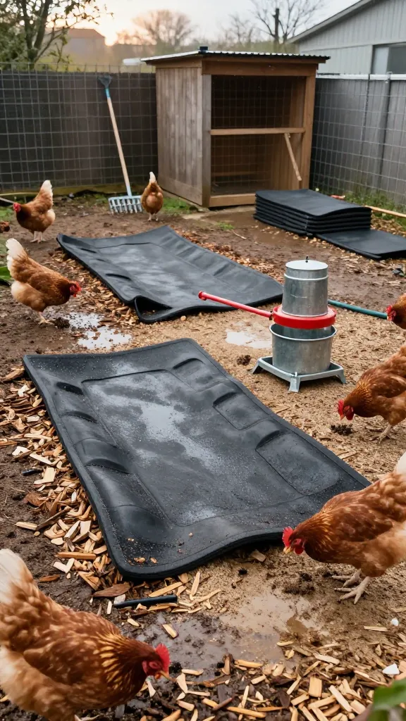 Seasonal Mats and Moveable Feed Zone: Control the Splash Points for a backyard chicken coop