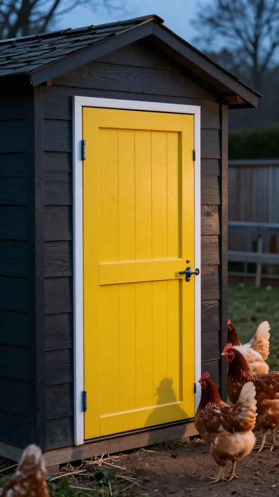 Sunny Pop Door With a Contrasting Edge You Can See at 20 Paces for a backyard chicken coop