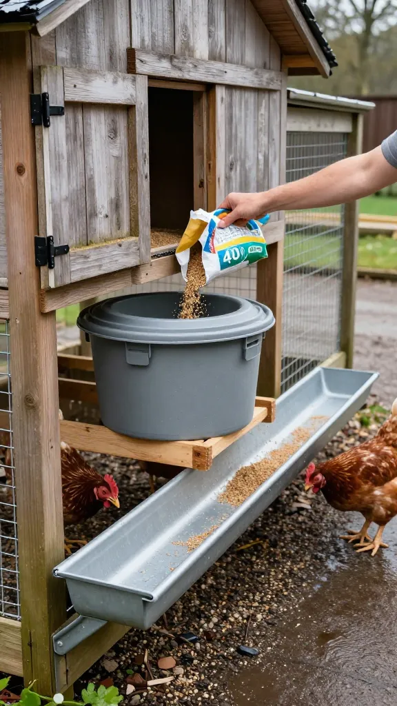 Coop-Side Feed Bin With Rain Gutter Trough