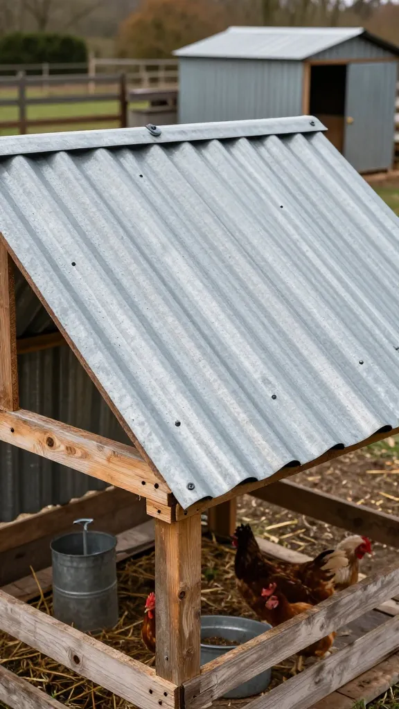 Reclaimed Barn Tin Roof: Cool Shade and Real Drainage for a backyard chicken coop