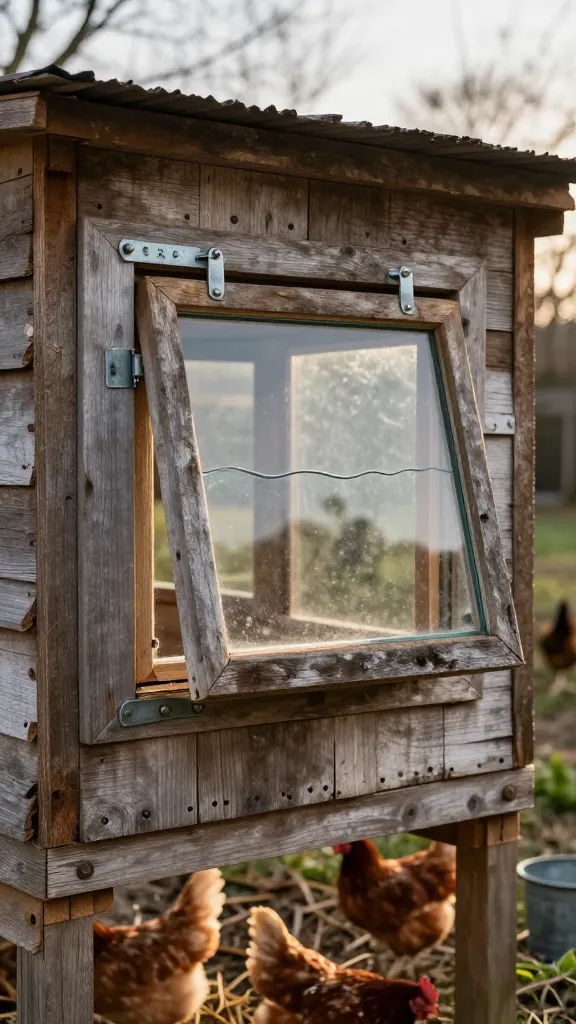 Salvaged Window on a Hinge: Light Without the Drafts for a backyard chicken coop