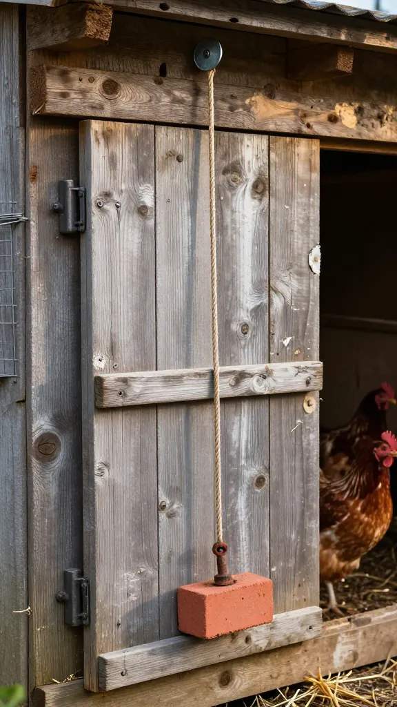 Scrap Wood Pop Door on a Counterweight: One-Finger Open With Twine and Bricks for a backyard chicken coop