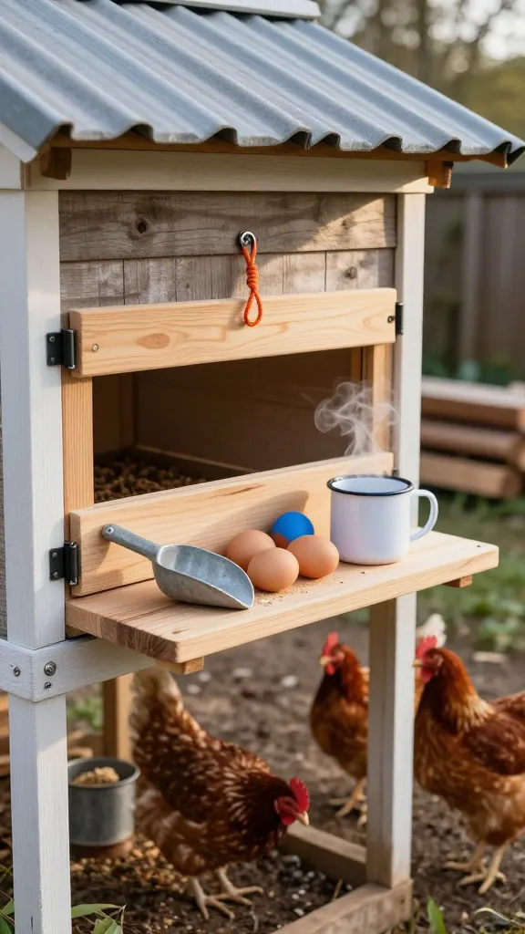 The Hinged Feed Shelf That Doubles as Morning Coffee Ledge for a backyard chicken coop